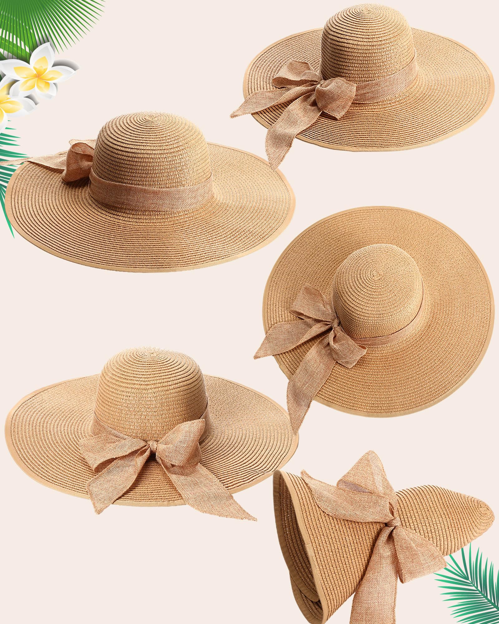 Loetere 5 Pcs Women Large Straw Beach Bag 5.5 Inch Big Bowknot Straw Beach Hat with Rattan Earrings Set Summer Handwoven Straw Tote Bag Wide Brim Floppy Sun Hat Foldable for Summer Vacation Travel