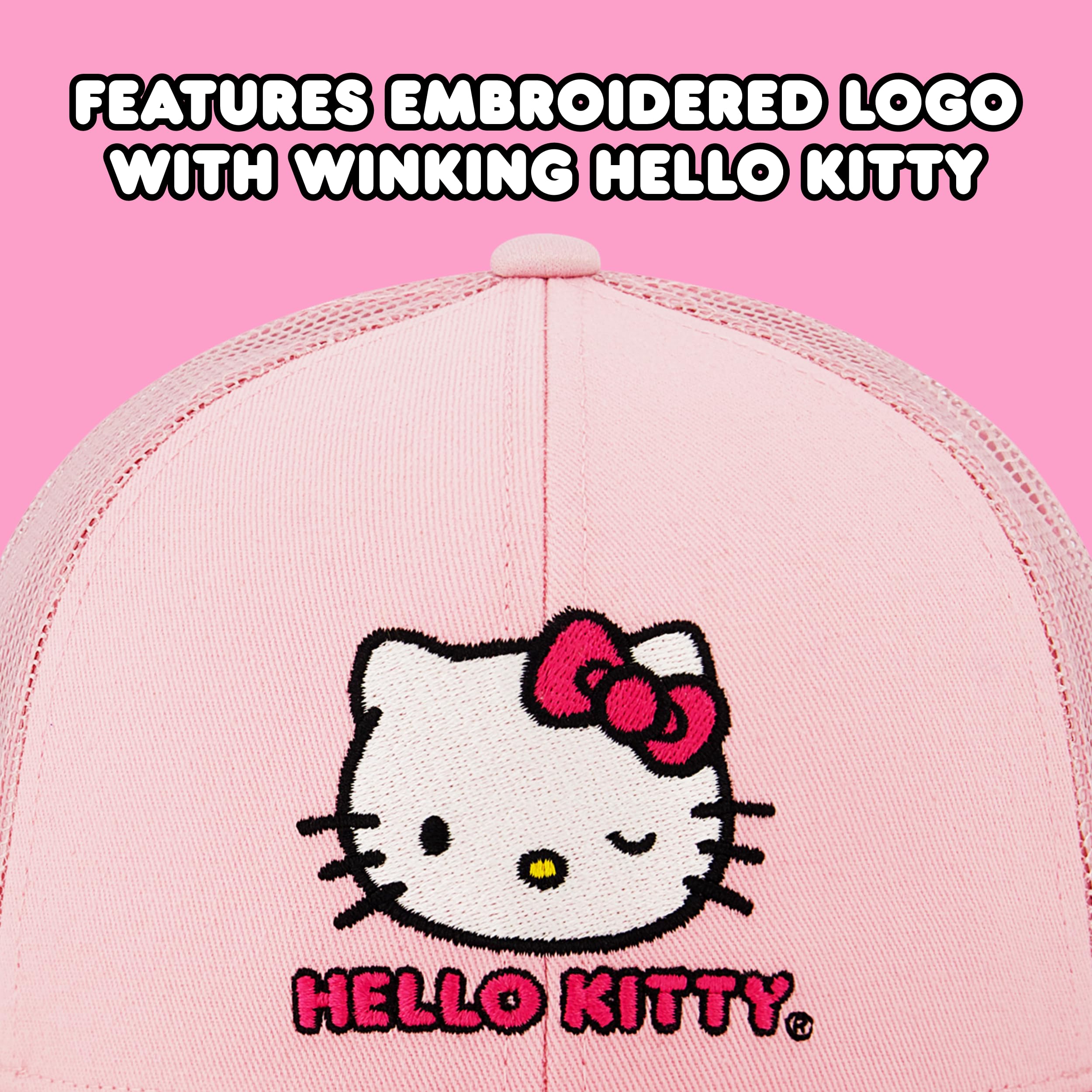 Hello Kitty Trucker Hat, Women's Adjustable Snapback Baseball Cap with Curved Brim, Blush, One Size