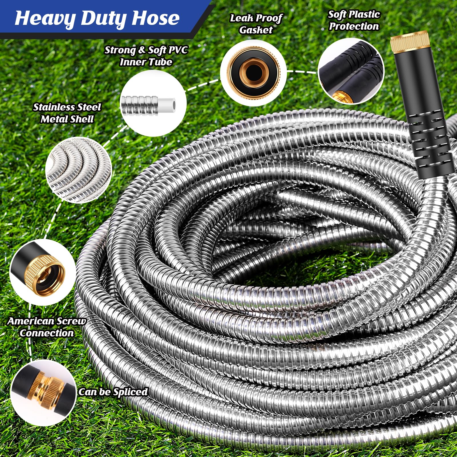 BAZOLOTA Garden Hose 50ft, Metal Stainless Steel Water Hose with Nozzle, Lightweight, Flexible and Sturdy, Anti-Wear and Puncture-Proof, No Kink, Suitable for Yards and Outdoor