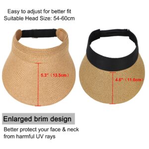 Womens Beach Straw Sun Visor Hat Ponytail Hole UV Protection Wide Brim Summer Cap Packable for Travel UPF 50+(Khaki)