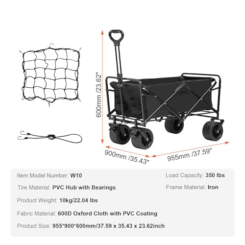 VEVOR 350lbs Collapsible Foldable Wagon Cart, Heavy Duty Foldable Utility Beach Wagon with Big Wheels, Portable Garden Cart Grocery Wagon Camping Wagon with All Terrain Wheels and Drink Holder