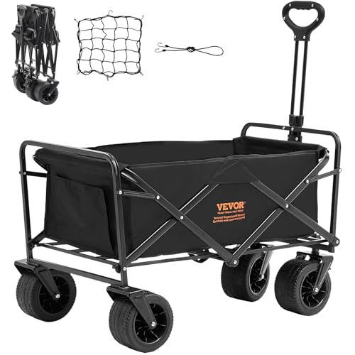 VEVOR 350lbs Collapsible Foldable Wagon Cart, Heavy Duty Foldable Utility Beach Wagon with Big Wheels, Portable Garden Cart Grocery Wagon Camping Wagon with All Terrain Wheels and Drink Holder