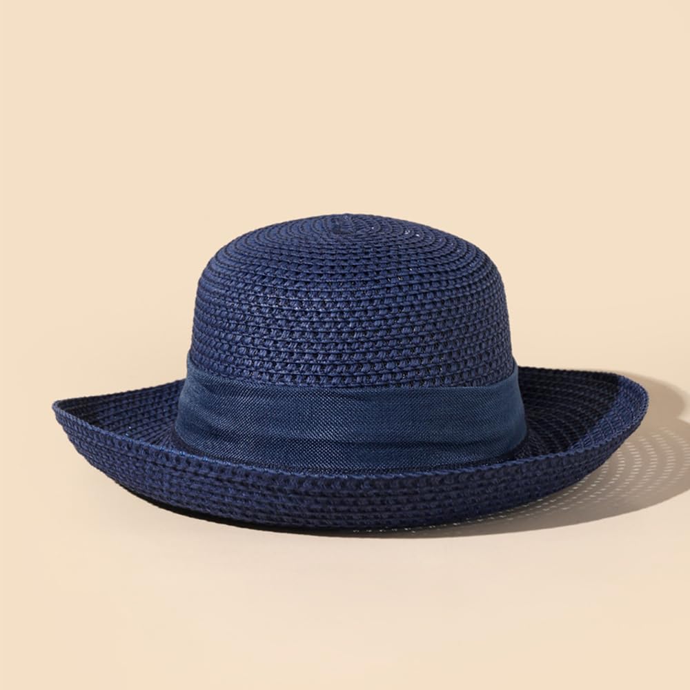 Straw Sun Hats for Women Wide Brim Bow Ribbons Roll Up Bucket UPF 50+ Foldable Sun Hat with Strap UV Protection Summer Travel Beach Navy