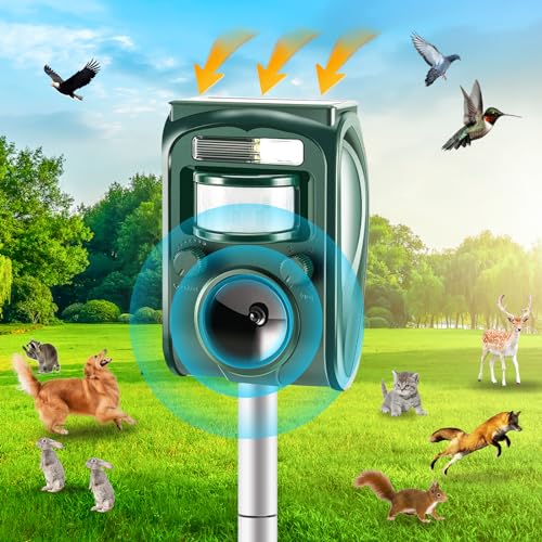 Ultrasonic Animal Repellent, Outdoor Solar Powered Squirrels Deterrent with Motion Sensor,Sound and LED Flashing,Waterproof Deer Repeller,Animal Repellent for Cat Dog Bird Skunk Rabbit Wild Pigs f1