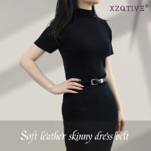 XZQTIVE Women Skinny Leather Belt Ladies Black Thin Waist Belt for Dresses Jeans Pants with Gold Buckle and Metal Loops