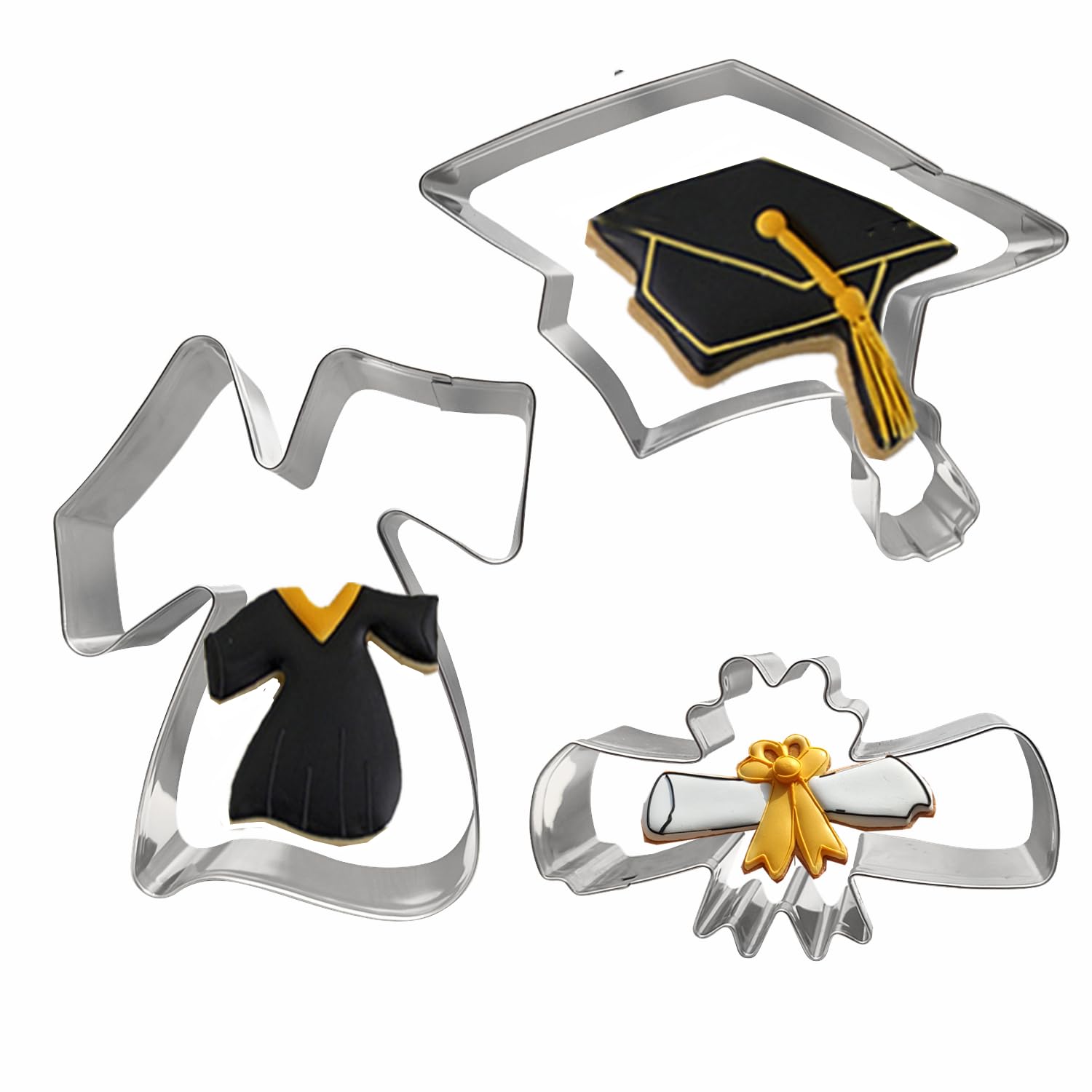 3Pcs Graduation Cookie Cutters, Stainless Steel Molds Graduation Cap, Gown, Diploma Shapes for High School College Parties