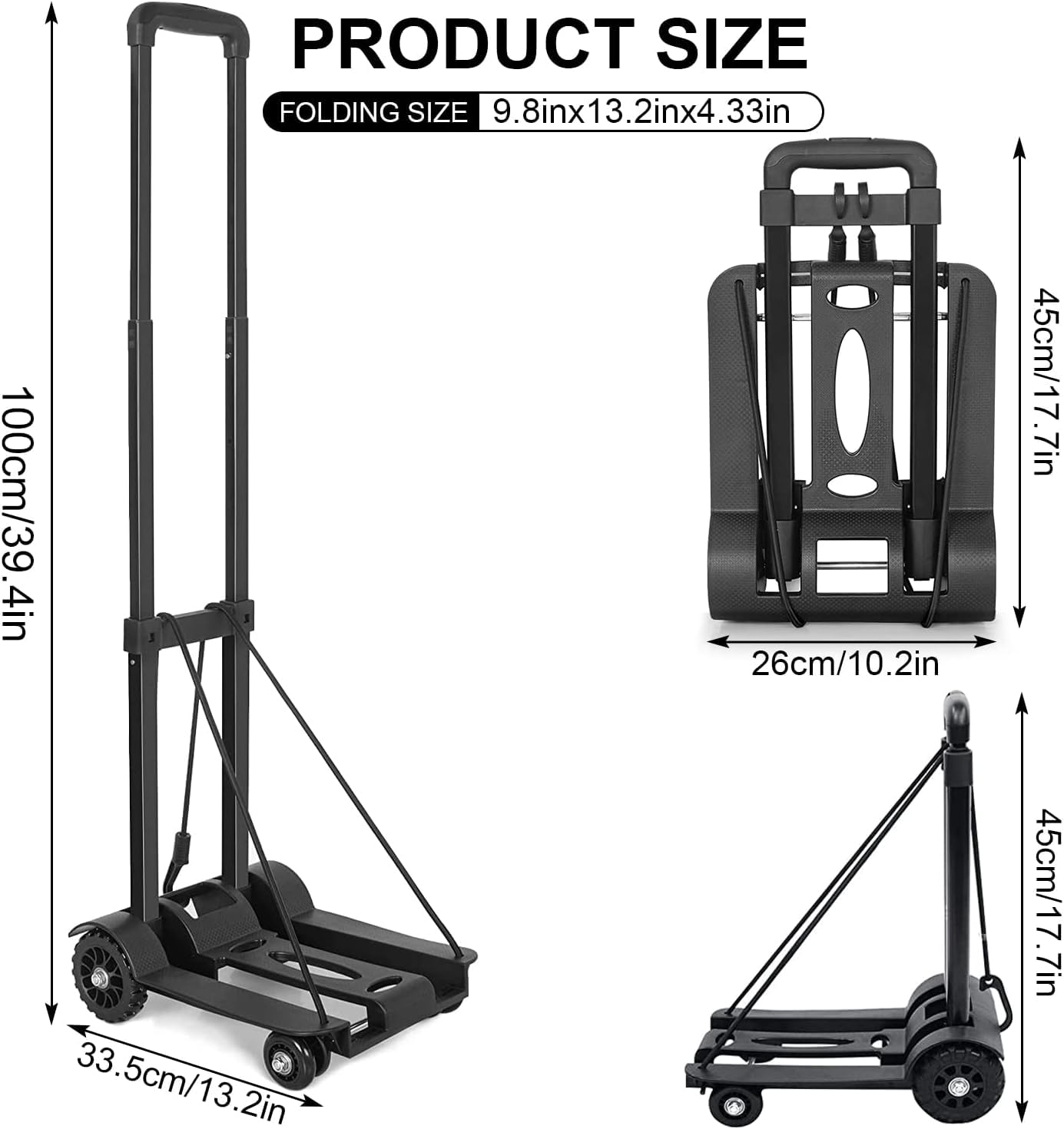 Hand Truck Dolly with 4-Wheels Folding Trolley Compact Luggage Cart for Travel, Moving and Office Use