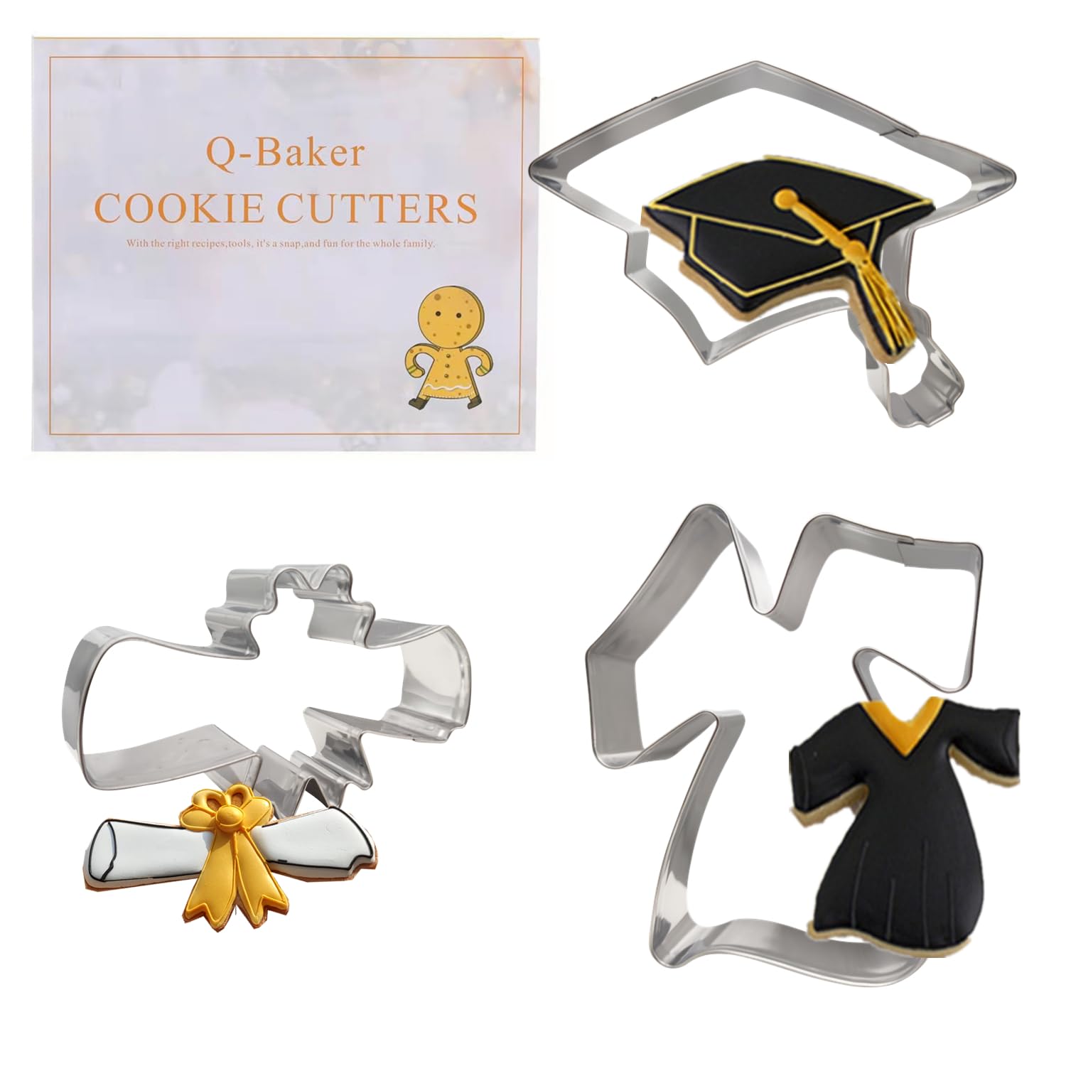 3Pcs Graduation Cookie Cutters, Stainless Steel Molds Graduation Cap, Gown, Diploma Shapes for High School College Parties