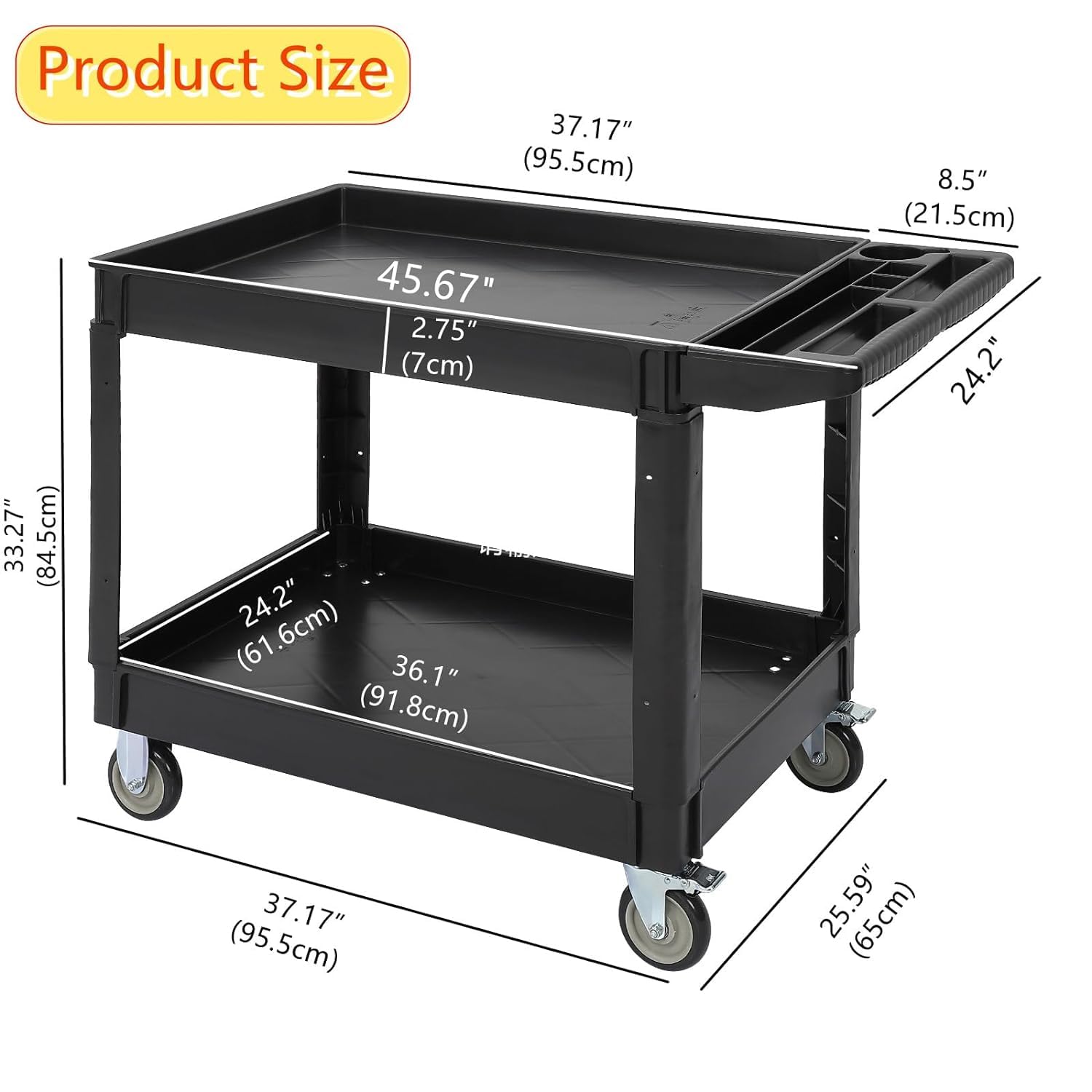 Service Utility Cart 2-Shelf Utility/Service Cart, 500-Pound Capacity, Storage Handle, for Warehouse/Garage/Cleaning/Manufacturing，45"X25"