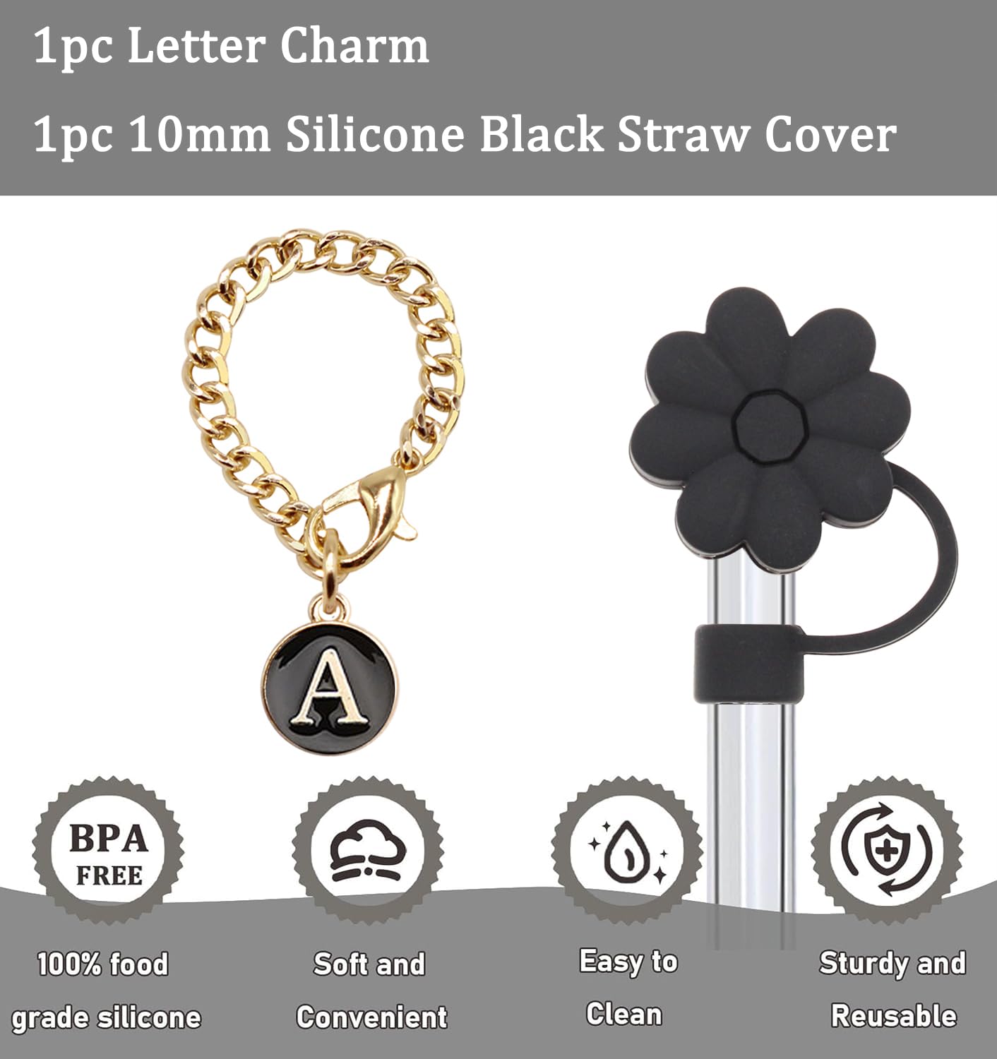 Stanley Cup Accessories, 1pc Flower Stanley Straw Cover Silicone Straw Topper for Stanley 30&40 oz Tumbler with Handle and 1pc Initial Letter Charm for Stanley Cup (Letter A)