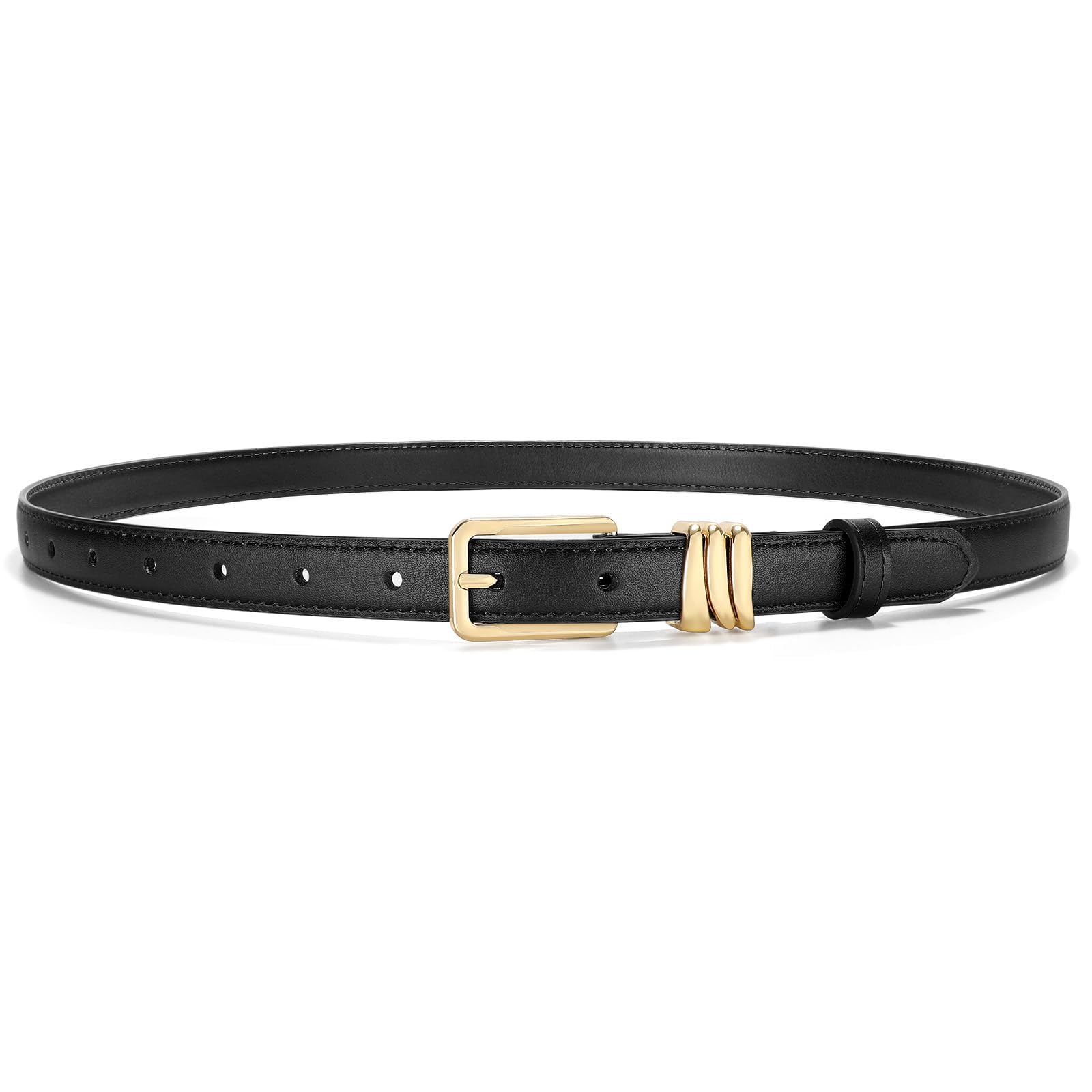 XZQTIVE Women Skinny Leather Belt Ladies Black Thin Waist Belt for Dresses Jeans Pants with Gold Buckle and Metal Loops