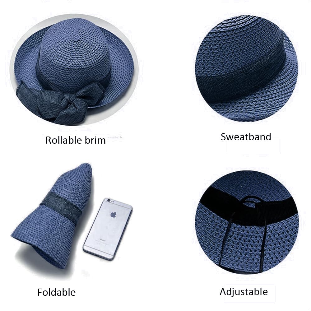 Straw Sun Hats for Women Wide Brim Bow Ribbons Roll Up Bucket UPF 50+ Foldable Sun Hat with Strap UV Protection Summer Travel Beach Navy