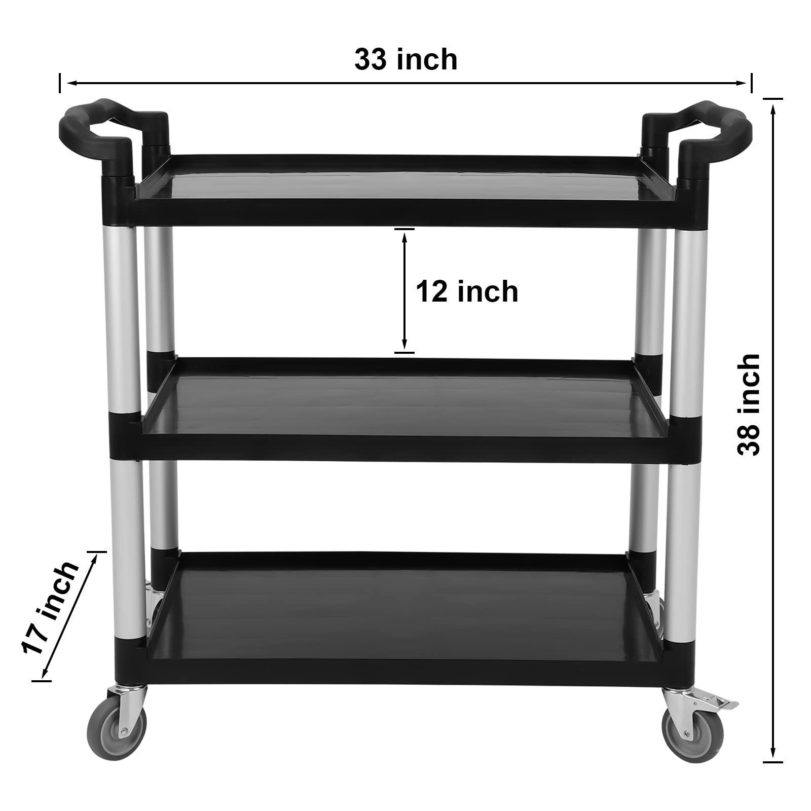 Service Cart Heavy Duty 3-Shelf Rolling Utility/Push Cart with Lockable Wheels, 360 lbs. Capacity, Black, for Foodservice/Restaurant/Cleaning (Black)