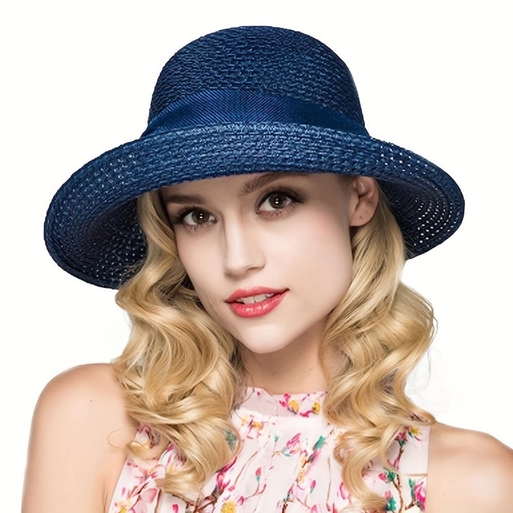 Straw Sun Hats for Women Wide Brim Bow Ribbons Roll Up Bucket UPF 50+ Foldable Sun Hat with Strap UV Protection Summer Travel Beach Navy