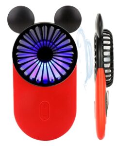 generic cute mouse personal mini fan, handheld usb rechargeable fan with pretty led light, 3 adjustable speeds with portable holder, for indoor or outdoor park school, red