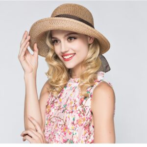 Straw Sun Hats for Women Wide Brim Bow Ribbons Roll Up Bucket UPF 50+ Foldable Sun Hat with Strap UV Protection Summer Travel Beach Navy