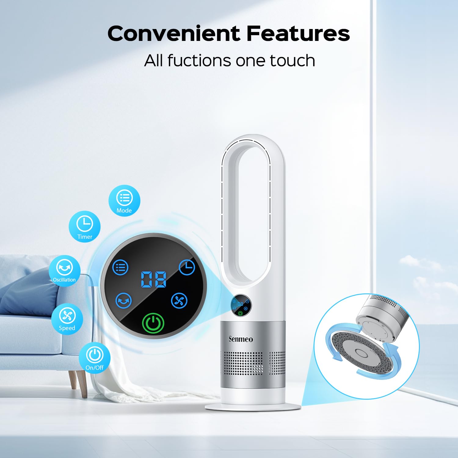 Senmeo Bladeless Fan, 26" Bladeless Tower Fan with Remote, 8 Speeds, 90° Oscillation, 9 Hour Timer, Large LED Display with Auto Off, Easy to Clean, Standing Floor Fan for Bedroom, Home, Office