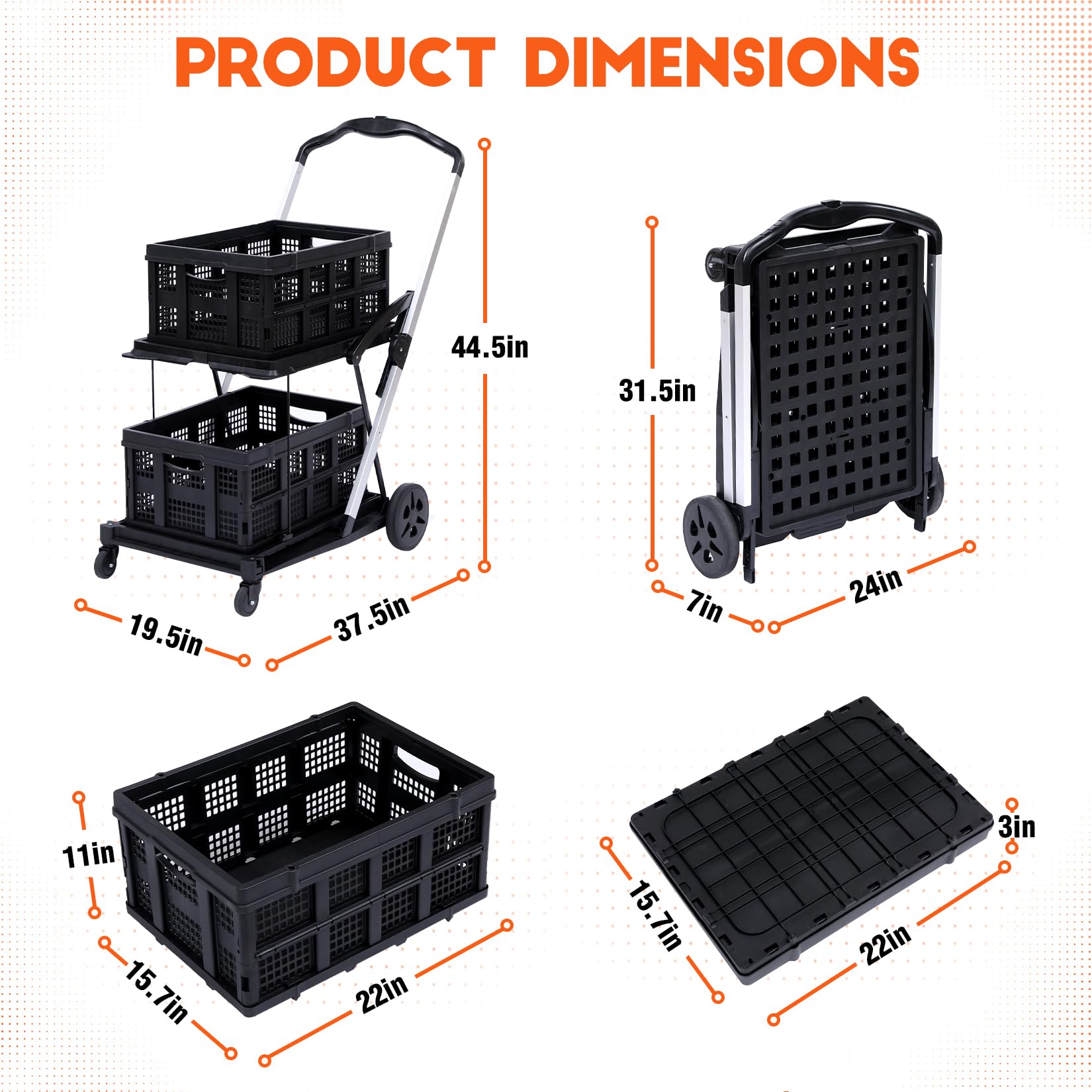 Shopping Supermarket Cart - Mobile Folding Grocery Cart with 360 Rolling Swivel Wheels, Multi-Use Functional Collapsible Carts with 1 Storage Crate