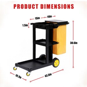 GAOMON Cleaning Cart - 3 Tier Commercial Janitorial Cart with Two 25-Gallon PVC Bags, 500Lbs Capacity Plastic Housekeeping Cart with Cover Lid, 43.3" L x 19.7" W x 38.6" H, Black