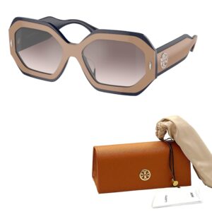 Tory Burch TY7192U 19396I 55MM Navy Beige/Clear Gradient Grey Mirror Silver Hexagonal Sunglasses for Women + BUNDLE With Deisgner iWear Complimentary Eyewear Kit