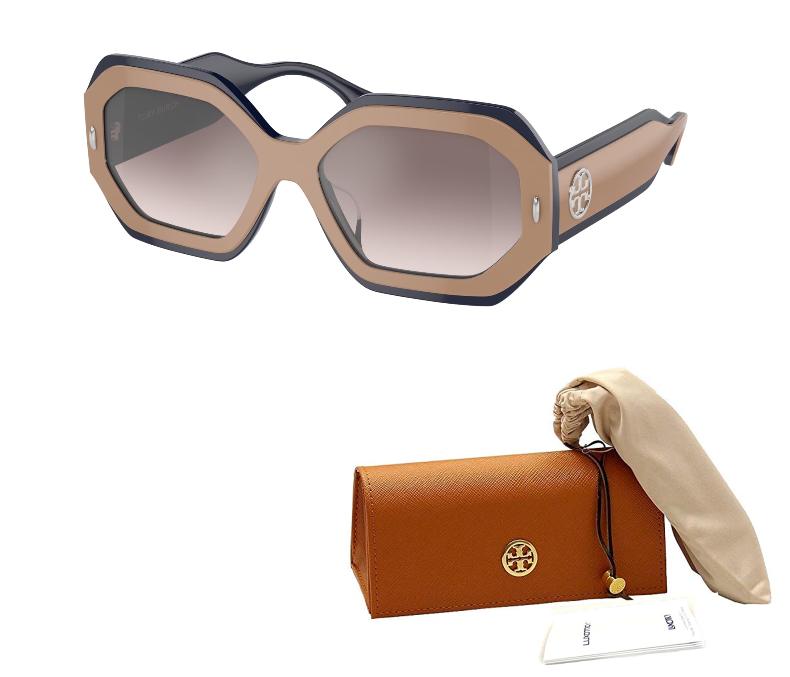 Tory Burch TY7192U 19396I 55MM Navy Beige/Clear Gradient Grey Mirror Silver Hexagonal Sunglasses for Women + BUNDLE With Deisgner iWear Complimentary Eyewear Kit