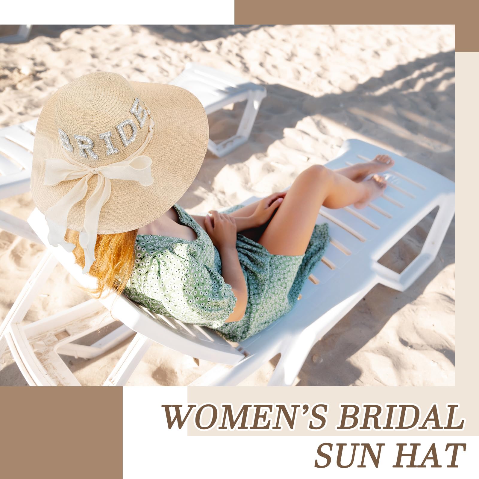 Cozypower Bride Sun Hat Wide Brim Straw Hat Floppy Bride Beach Hat for Women Bridal Honeymoon Wedding Party Engagement (Beige)