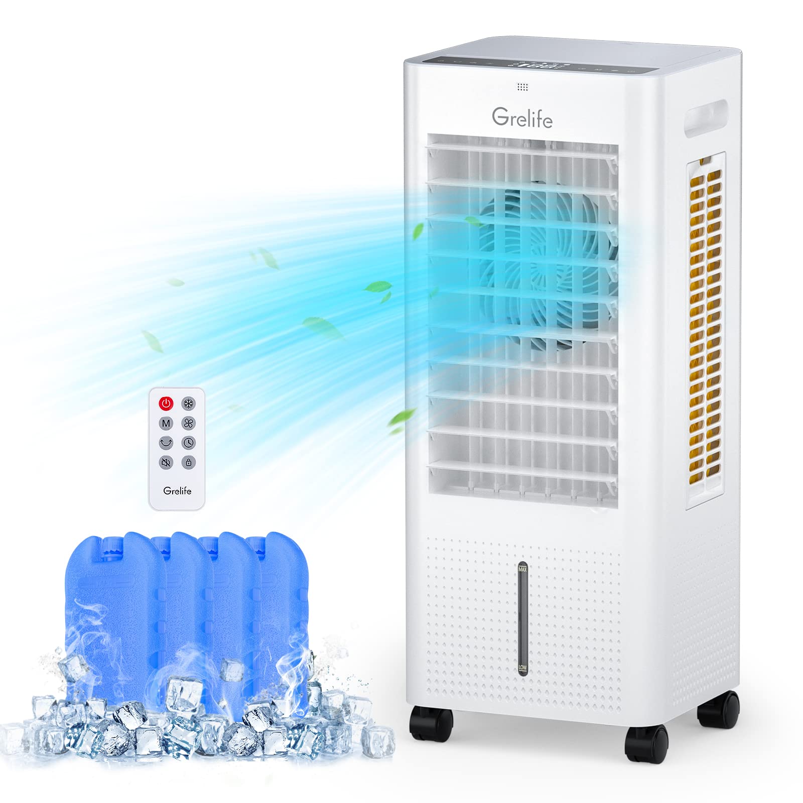 Grelife Air Cooler,3-IN-1 Portable Evaporative Air Cooler Cooling Fan with 4 Ice Packs,12H Timer,1.58 Gallons,Remote Control,3 Modes,3 Speeds,Personal Swamp Cooler for Bedroom, Home, Office, white