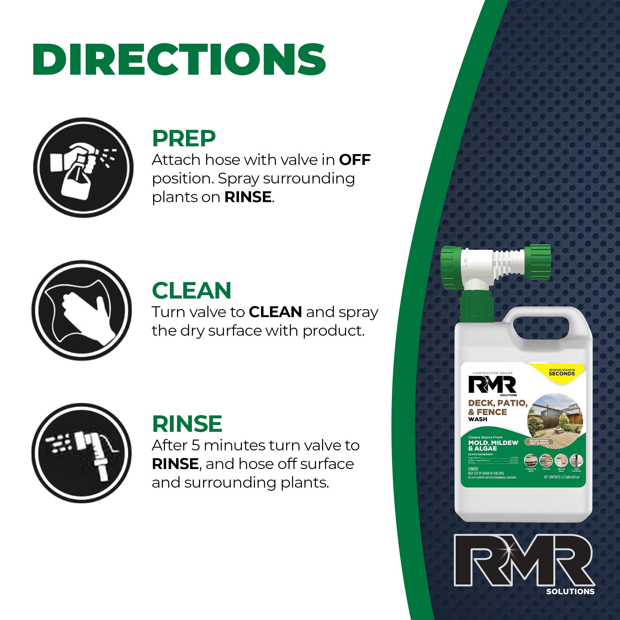 RMR Deck, Patio, & Fence Wash - Commercial-Grade Outdoor Stain Remover for Mold, Mildew, and Algae, 64 Ounce Bottle with Hose-End Adapter