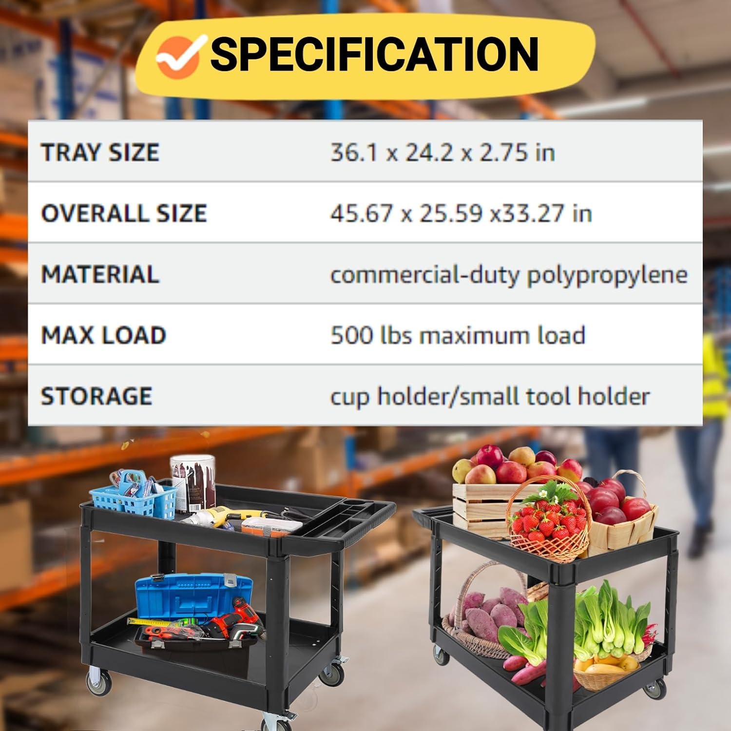 Service Utility Cart 2-Shelf Utility/Service Cart, 500-Pound Capacity, Storage Handle, for Warehouse/Garage/Cleaning/Manufacturing，45"X25"