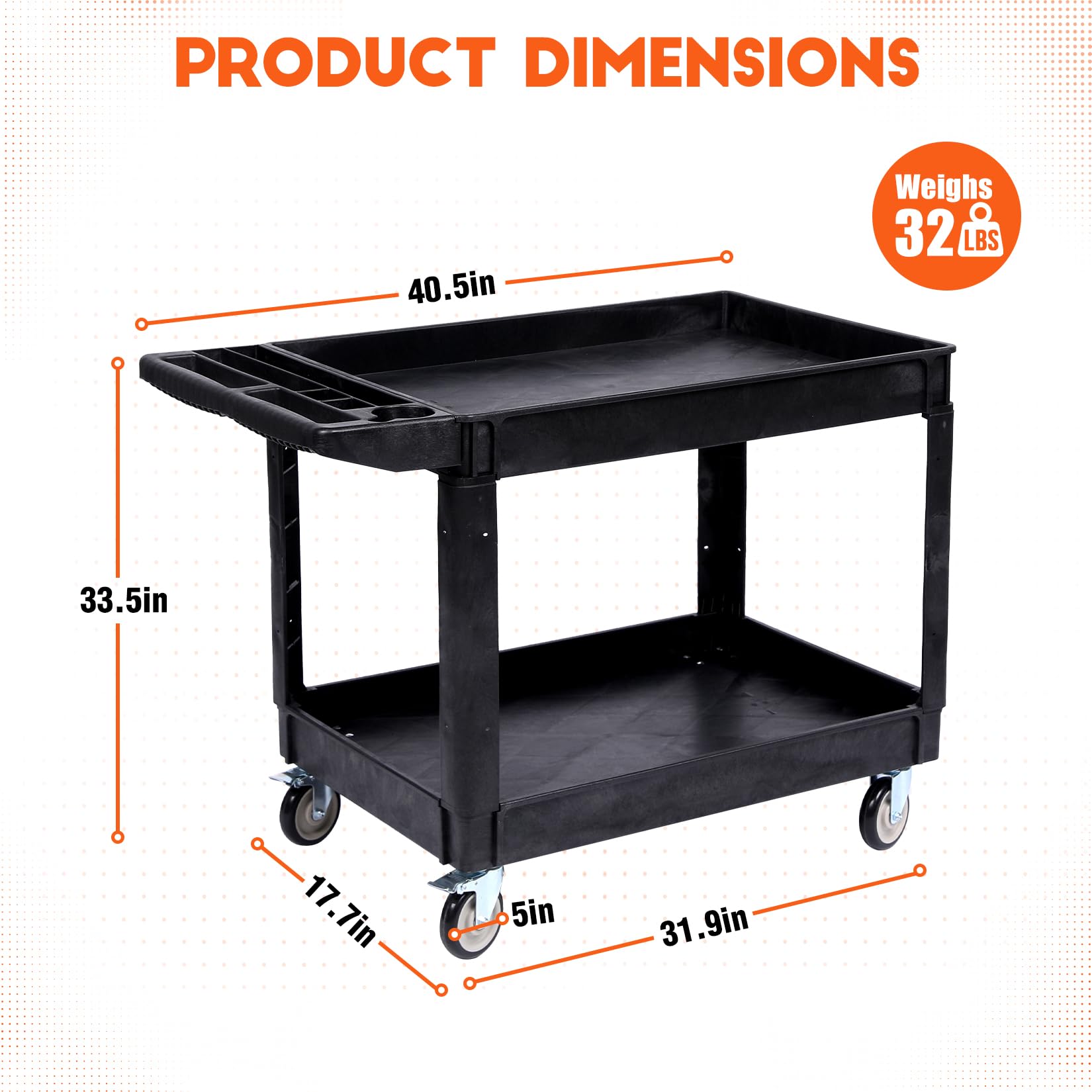 Utility Service Cart, 550LBS 2-Shelf Heavy Duty PP Rolling Utility Cart with 360° Swivel Wheels, Large Shelf, Storage Handle, for Warehouse/Garage/Cleaning