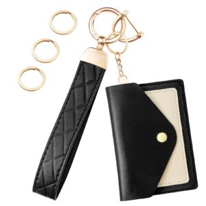 ohkyoot leather wristlet keychain,wallet keychain car key chain with 3 key ring,anti-lost d ring and mini wallet (black)