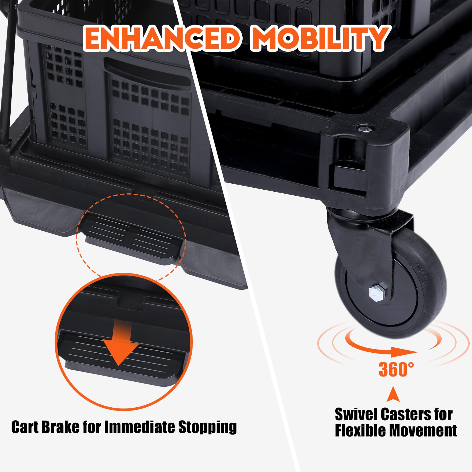 Shopping Supermarket Cart - Mobile Folding Grocery Cart with 360 Rolling Swivel Wheels, Multi-Use Functional Collapsible Carts with 1 Storage Crate