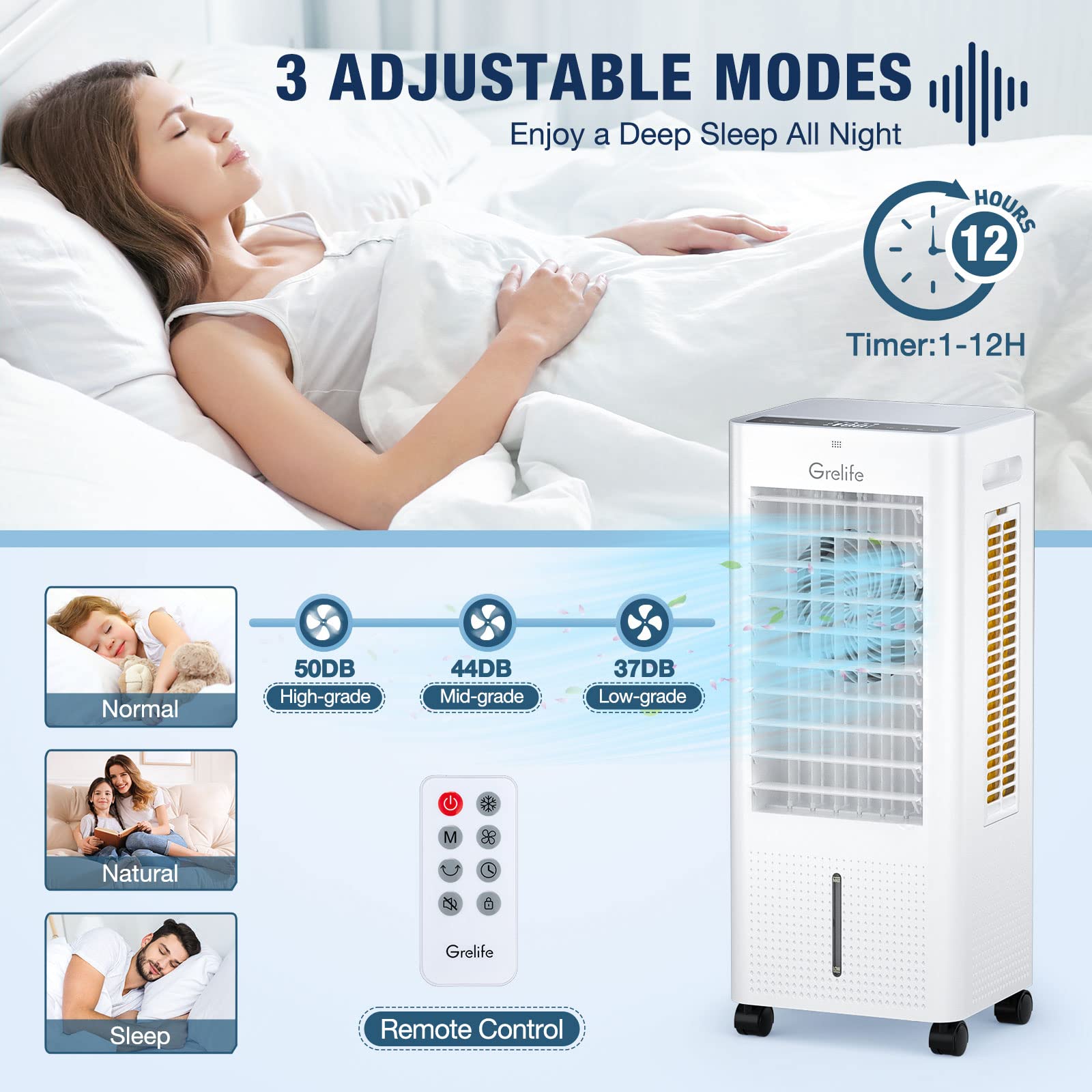 Grelife Air Cooler,3-IN-1 Portable Evaporative Air Cooler Cooling Fan with 4 Ice Packs,12H Timer,1.58 Gallons,Remote Control,3 Modes,3 Speeds,Personal Swamp Cooler for Bedroom, Home, Office, white