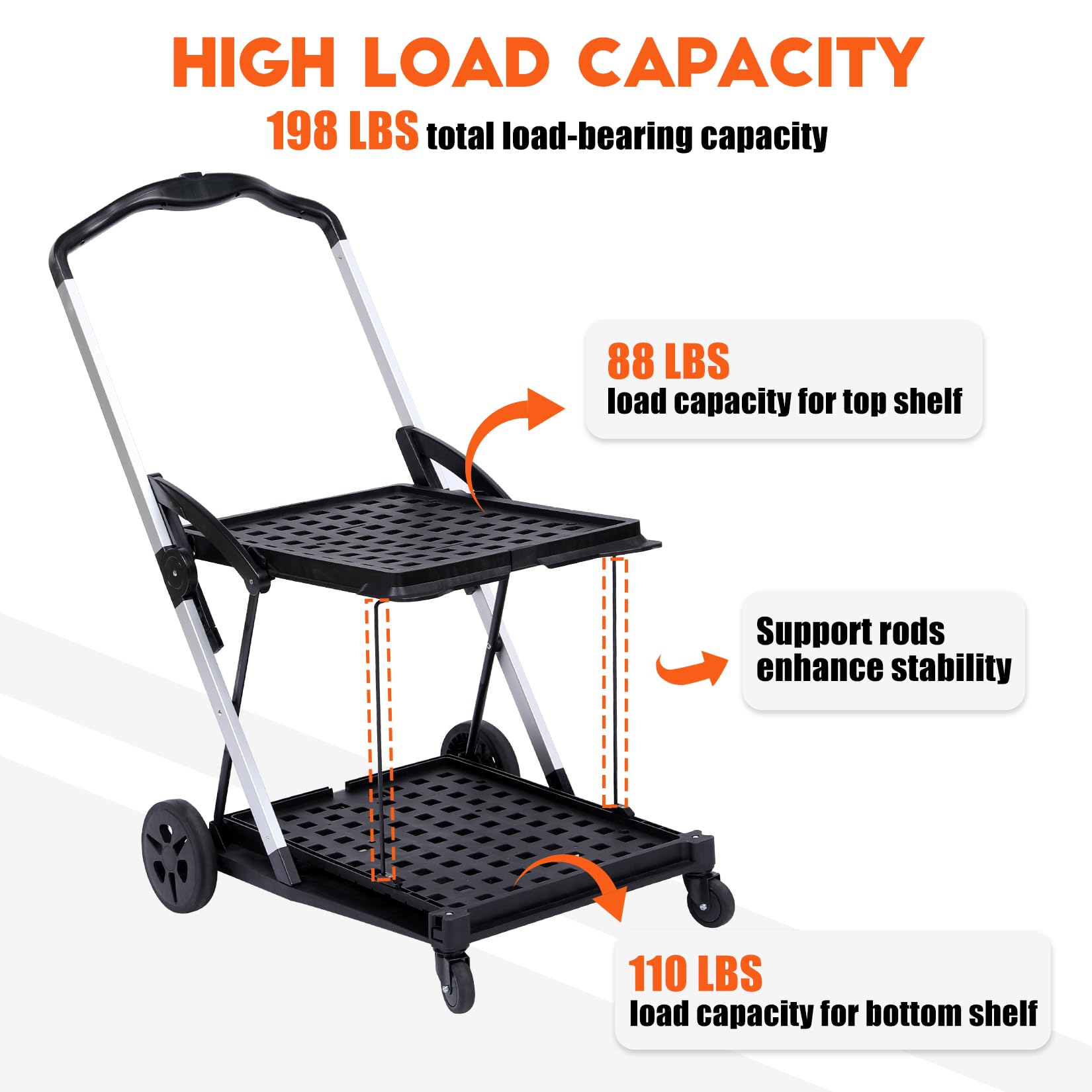 Shopping Supermarket Cart - Mobile Folding Grocery Cart with 360 Rolling Swivel Wheels, Multi-Use Functional Collapsible Carts with 1 Storage Crate