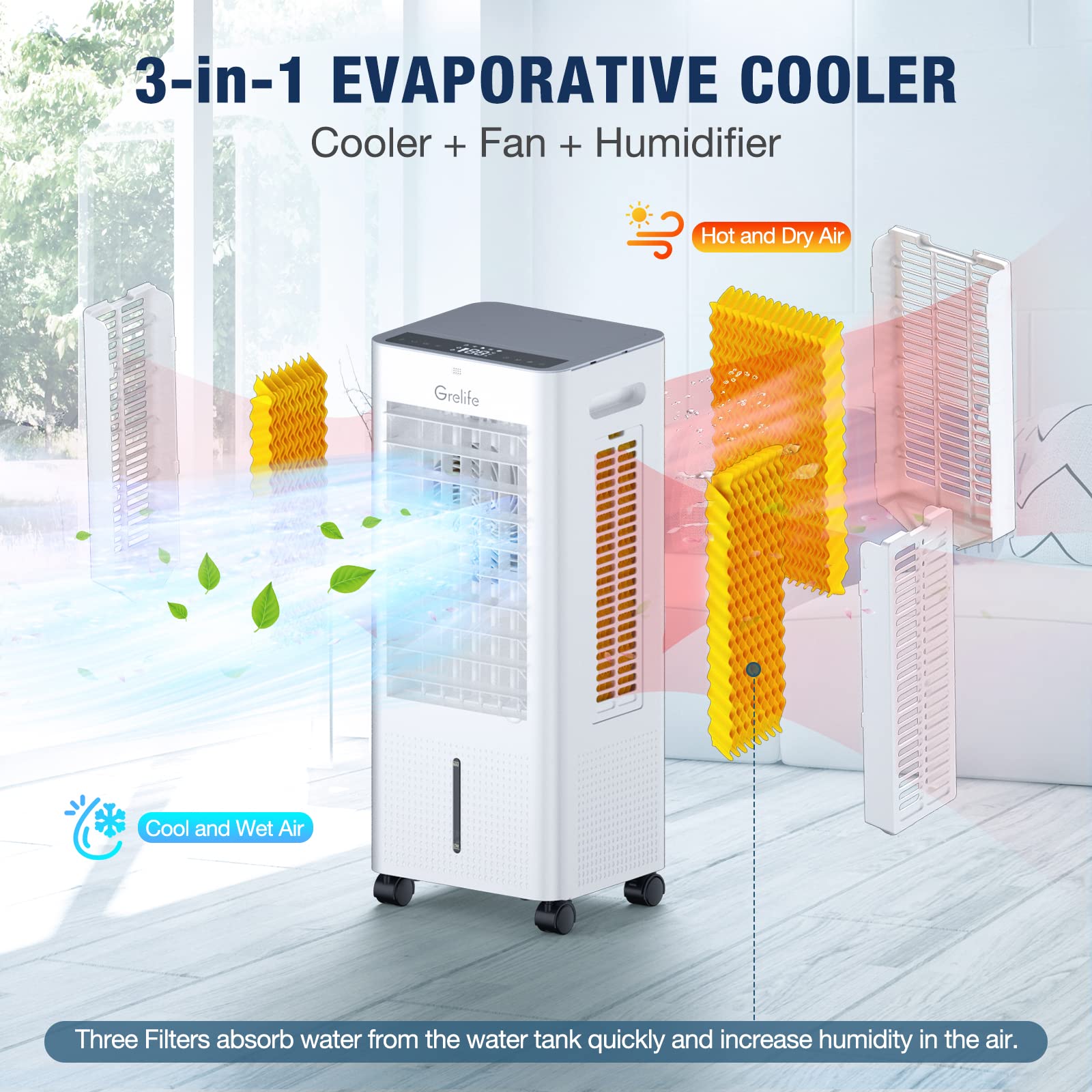 Grelife Air Cooler,3-IN-1 Portable Evaporative Air Cooler Cooling Fan with 4 Ice Packs,12H Timer,1.58 Gallons,Remote Control,3 Modes,3 Speeds,Personal Swamp Cooler for Bedroom, Home, Office, white