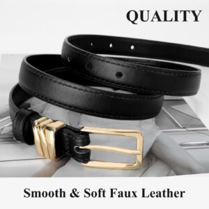 XZQTIVE Women Skinny Leather Belt Ladies Black Thin Waist Belt for Dresses Jeans Pants with Gold Buckle and Metal Loops