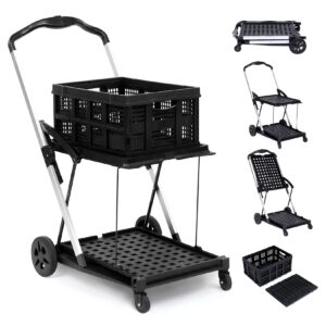 shopping supermarket cart - mobile folding grocery cart with 360 rolling swivel wheels, multi-use functional collapsible carts with 1 storage crate