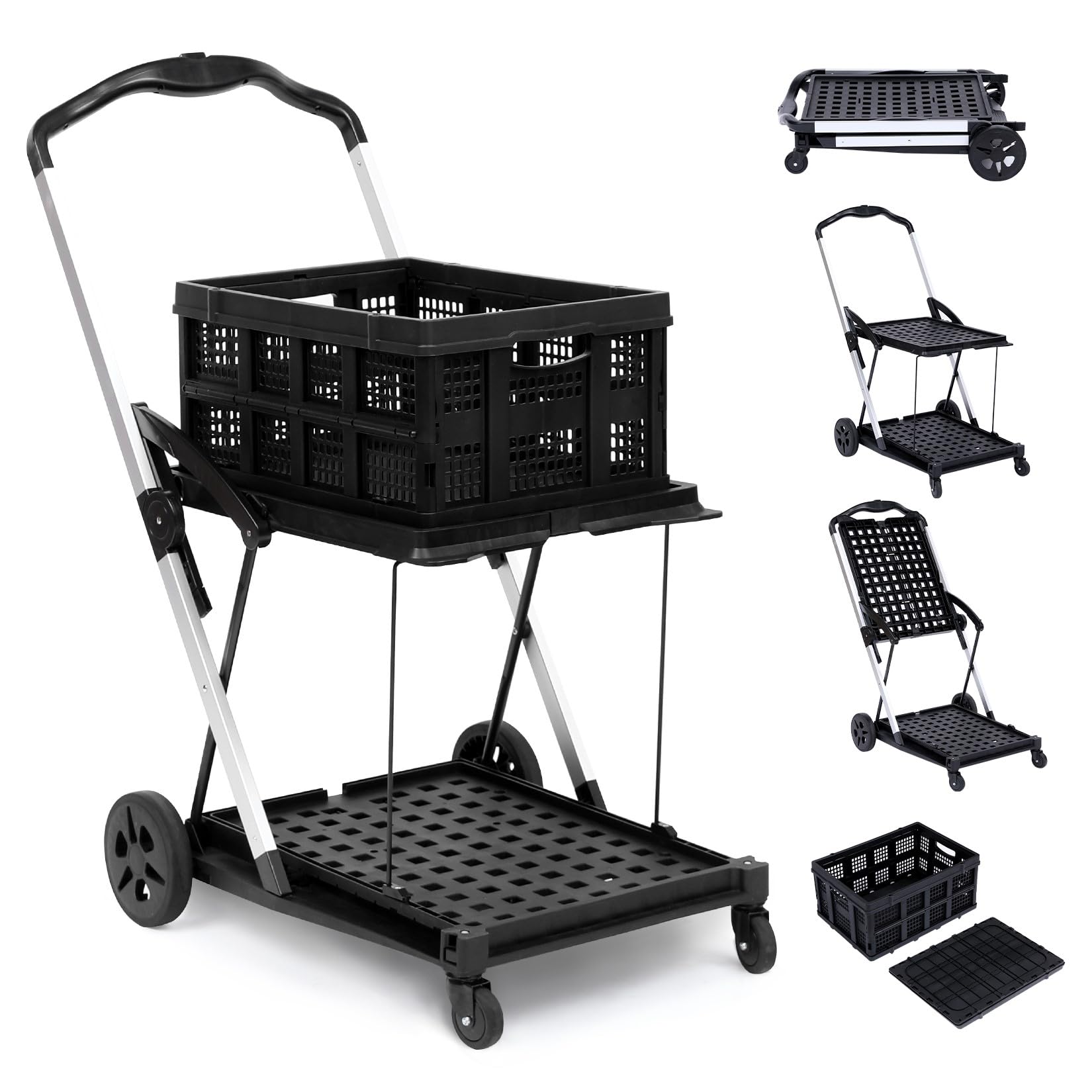 Shopping Supermarket Cart - Mobile Folding Grocery Cart with 360 Rolling Swivel Wheels, Multi-Use Functional Collapsible Carts with 1 Storage Crate