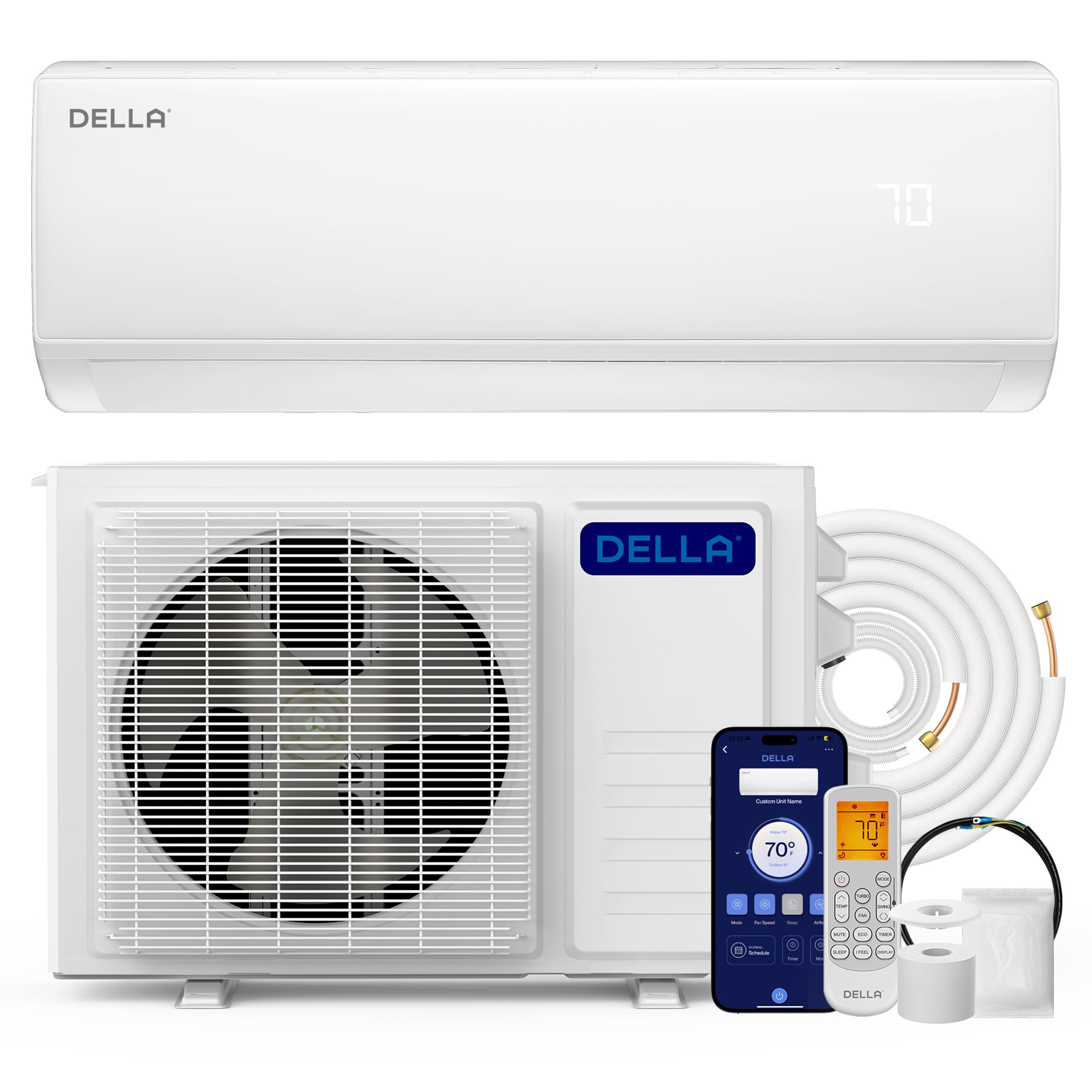 DELLA Econo Series 16500 BTU Mini Split Air Conditioner 17 SEER2 Cools up to 1000 Sq. Ft, Works with Alexa, Wifi Enabled AC & Heater Ductless Inverter System with Heat Pump, 16ft Installation Kit