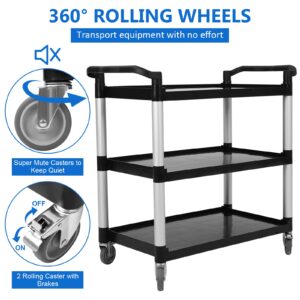 Service Cart Heavy Duty 3-Shelf Rolling Utility/Push Cart with Lockable Wheels, 360 lbs. Capacity, Black, for Foodservice/Restaurant/Cleaning (Black)