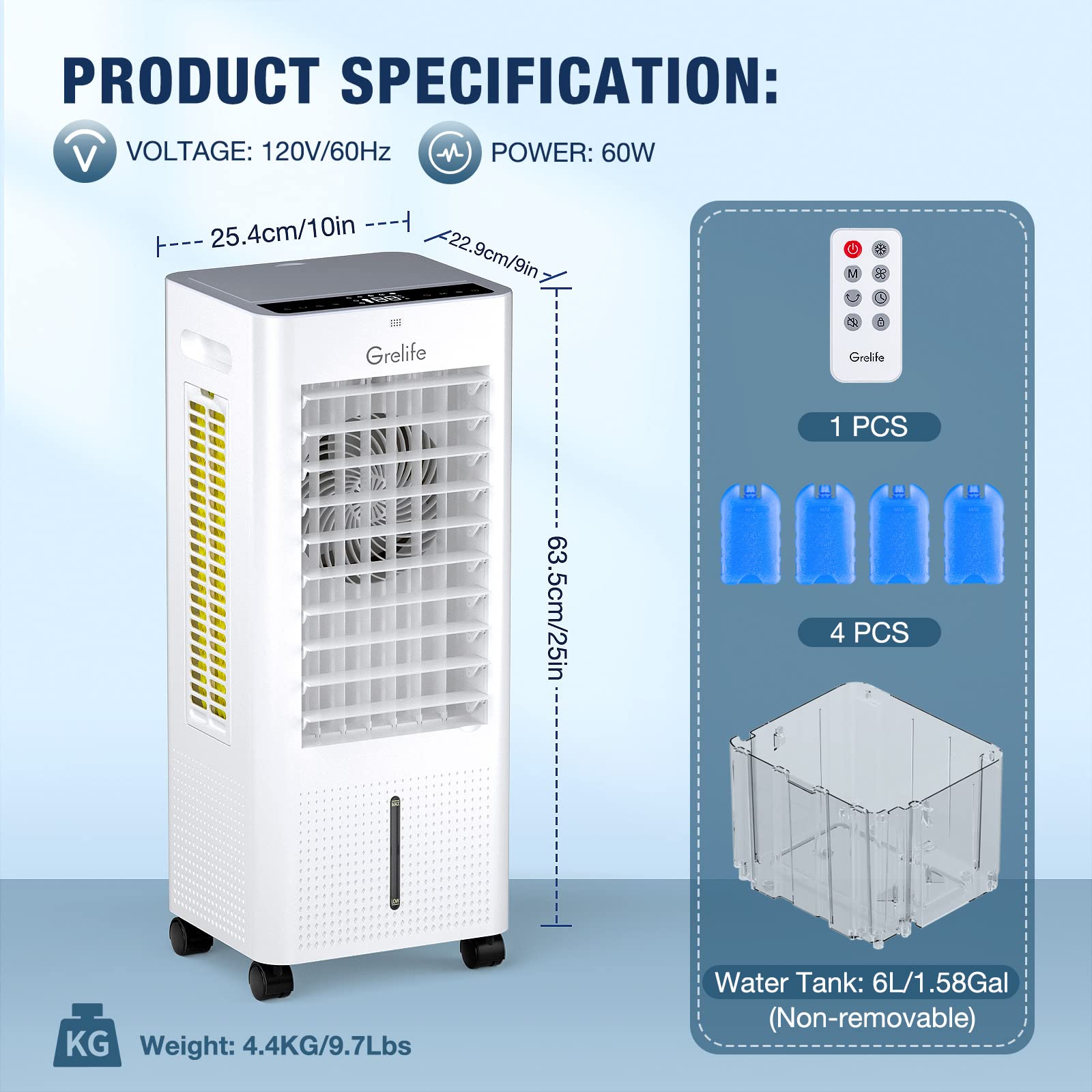 Grelife Air Cooler,3-IN-1 Portable Evaporative Air Cooler Cooling Fan with 4 Ice Packs,12H Timer,1.58 Gallons,Remote Control,3 Modes,3 Speeds,Personal Swamp Cooler for Bedroom, Home, Office, white