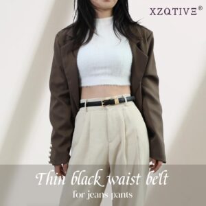 XZQTIVE Women Skinny Leather Belt Ladies Black Thin Waist Belt for Dresses Jeans Pants with Gold Buckle and Metal Loops