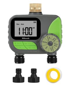 wilawels brass sprinkler timer 2 zone, programmable garden water timer, automatic irrigation timer with rain delay/manual/auto mode, waterproof and leak-proof, for yard, garden, lawn, 2 outlet b12wt06