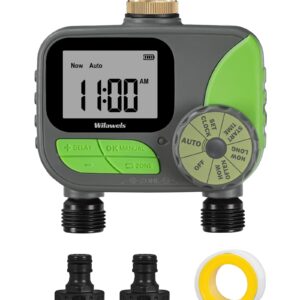 WILAWELS Brass Sprinkler Timer 2 Zone, Programmable Garden Water Timer, Automatic Irrigation Timer with Rain Delay/Manual/Auto Mode, Waterproof and Leak-Proof, for Yard, Garden, Lawn, 2 Outlet B12WT06