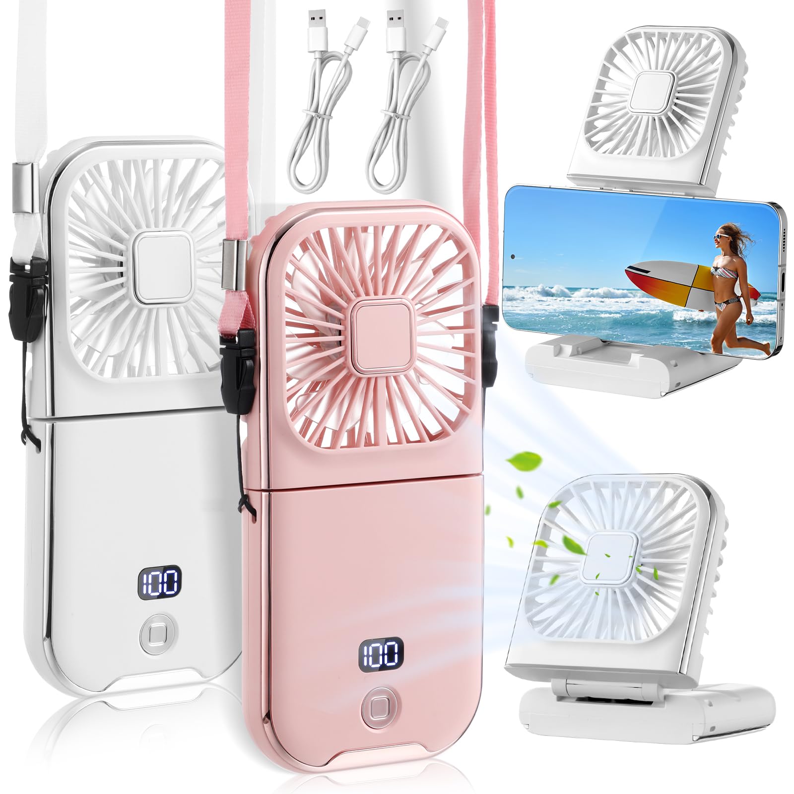 Tujoe 2 Pcs Portable Mini Fan Handheld Fan Rechargeable USB Foldable Necklace Fan 4 Speeds Adjustment 3000 Mah Power Bank Necklace Fans for Office Travel Outdoor Camping(White, Pink)