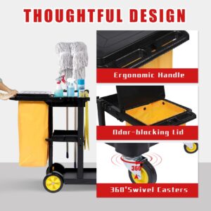 GAOMON Cleaning Cart - 3 Tier Commercial Janitorial Cart with Two 25-Gallon PVC Bags, 500Lbs Capacity Plastic Housekeeping Cart with Cover Lid, 43.3" L x 19.7" W x 38.6" H, Black