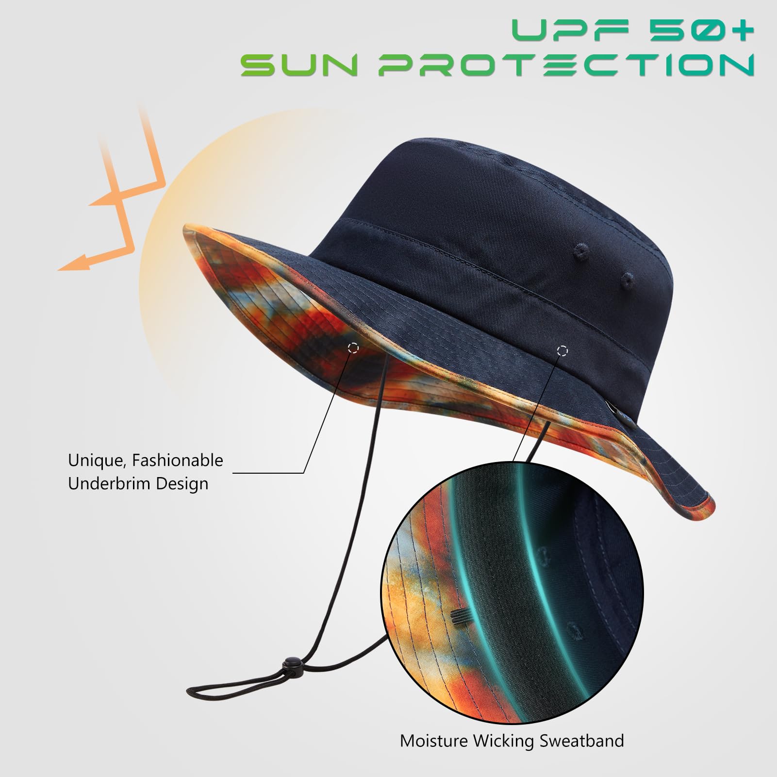 UVSAI UPF 50+ Foldable Sun Hat Patterned Under Brim Bucket Hats for Summer Hiking Fishing Beach Safari Men Women Navy