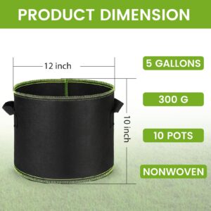 Eowllo Grow Bags 5 Gallon 10Pcs Heavy Duty 300G Fabric Pots for Plants,Thickened Nonwoven Garden Bags to Grow Vegetables,Large Nursery Pots,Tomato Grow Bags with Handles, Green Line Border