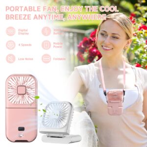 Tujoe 2 Pcs Portable Mini Fan Handheld Fan Rechargeable USB Foldable Necklace Fan 4 Speeds Adjustment 3000 Mah Power Bank Necklace Fans for Office Travel Outdoor Camping(White, Pink)