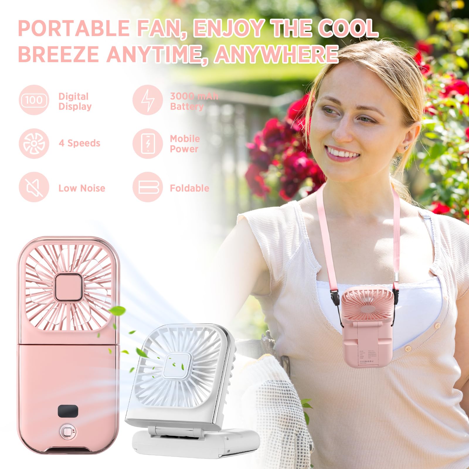 Tujoe 2 Pcs Portable Mini Fan Handheld Fan Rechargeable USB Foldable Necklace Fan 4 Speeds Adjustment 3000 Mah Power Bank Necklace Fans for Office Travel Outdoor Camping(White, Pink)